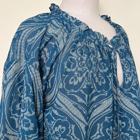 JOE FRESH Turquoise Blue Patterned Sheer 3/4 Sleeve Blouse Size Large - Picture 4 of 9